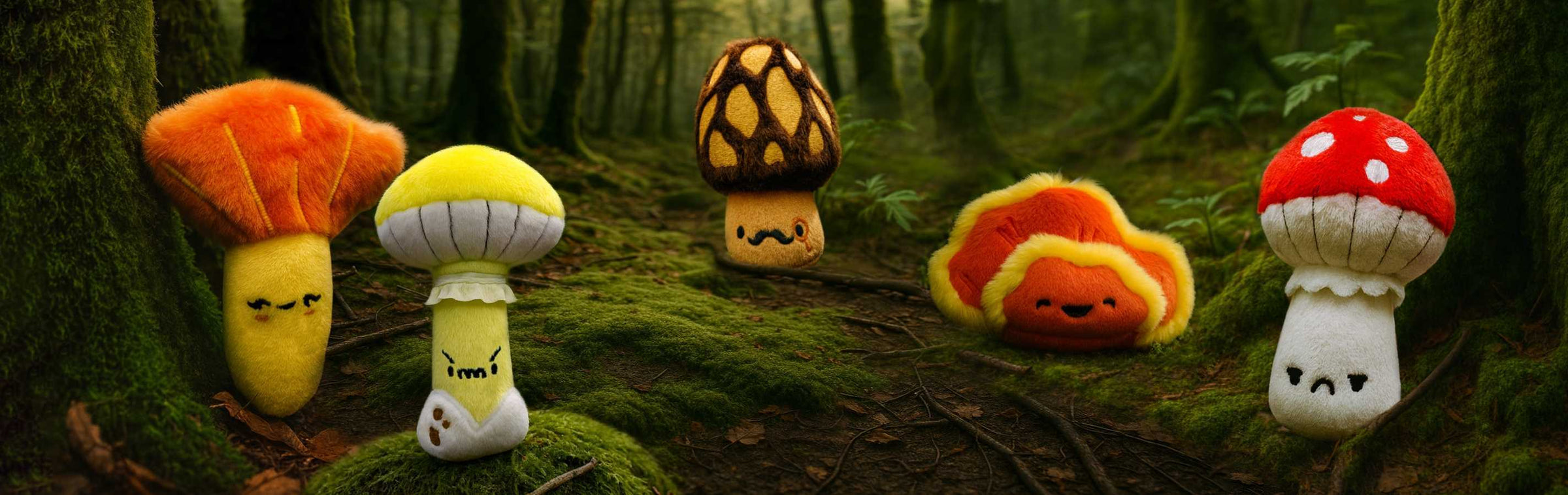 Plush toy mushrooms in a forest setting