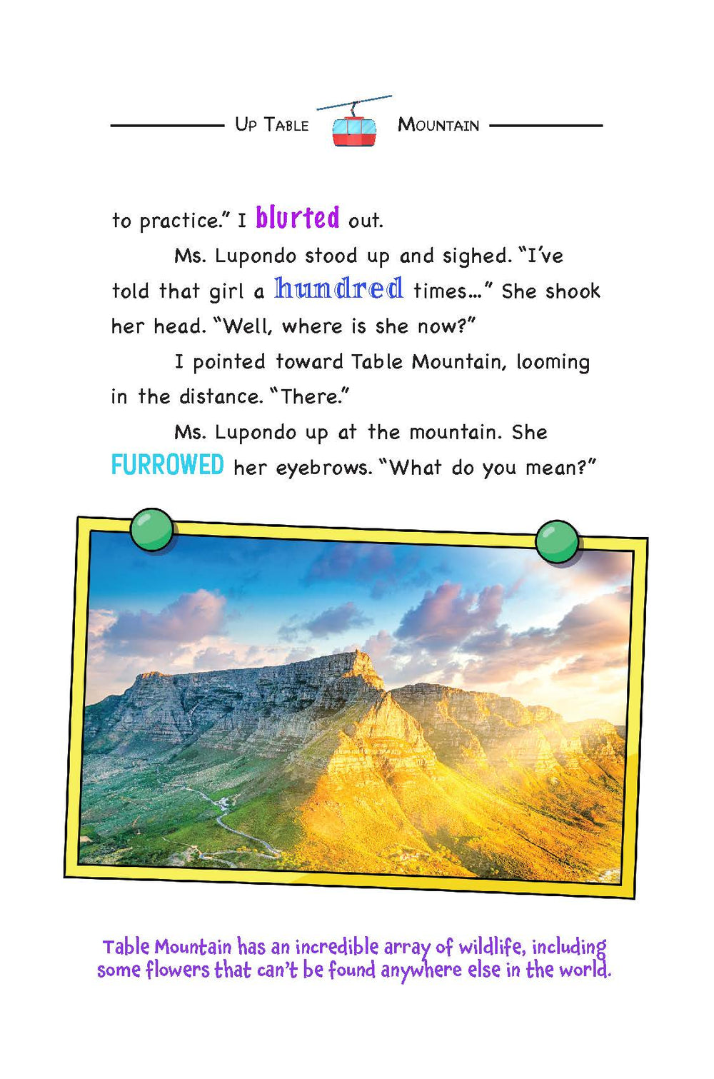 Page from 'Life in the Fast Lane' a Womple adventure book, with a scenic illustration of Table Mountain on a white background