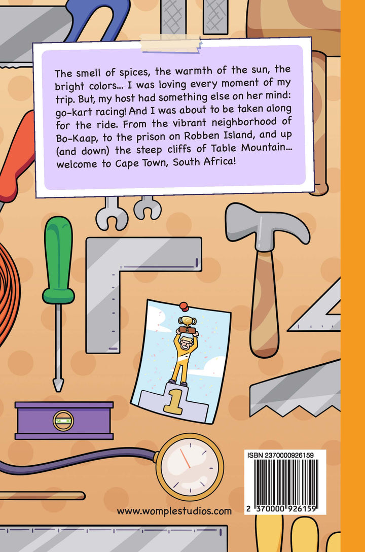 Back cover of 'Life in the Fast Lane,' a Womple adventure book, with tools and a map, featuring text about a trip to Cape Town, South Africa.