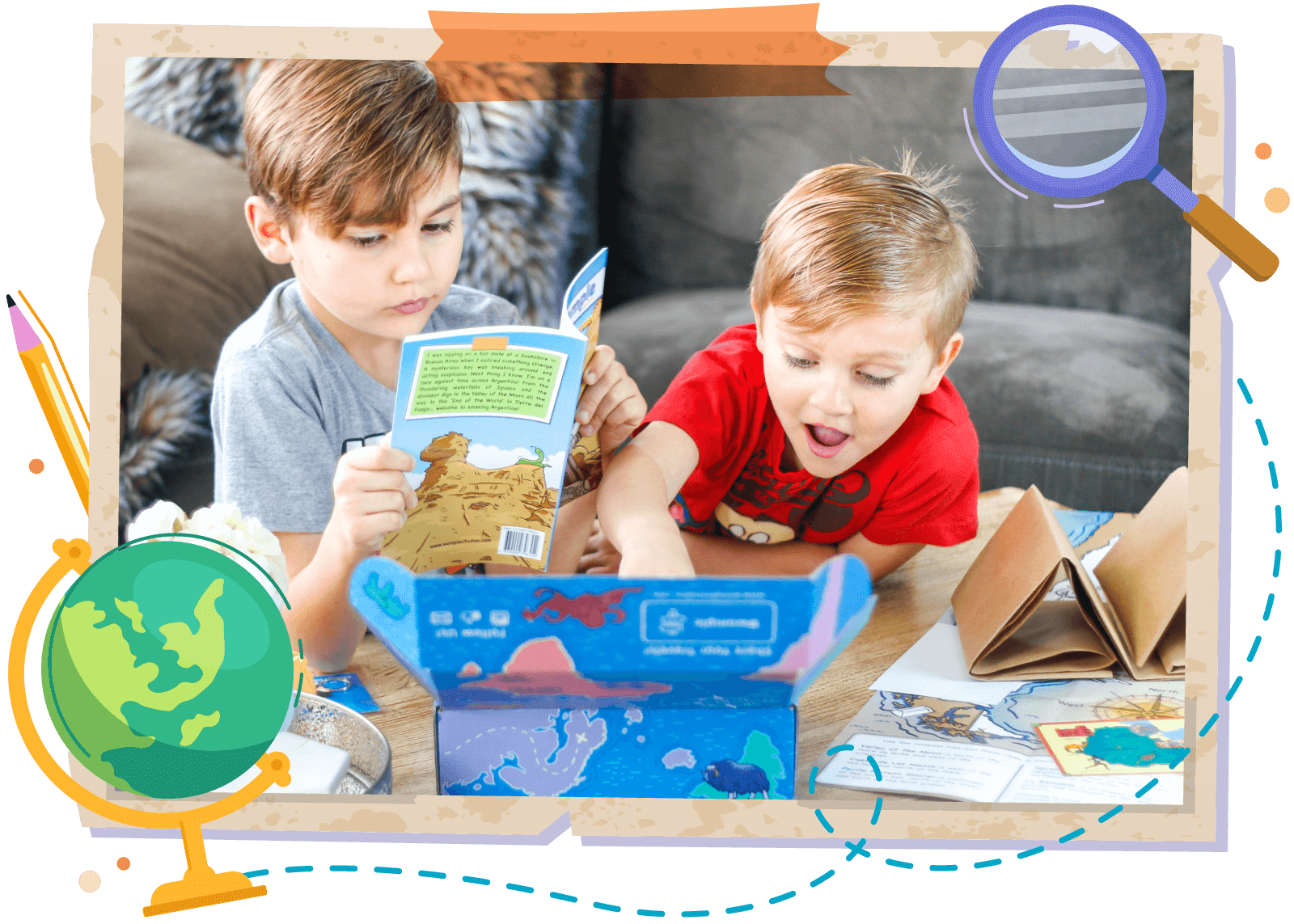 Womple Studios two kids opening a WompleBox activity kit