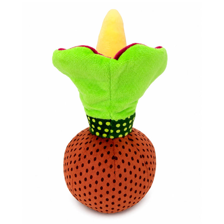 A plush toy shaped like a brown, round corpse flower corm with a bright green flower-like top, yellow center, shown from the back on a plain white background.