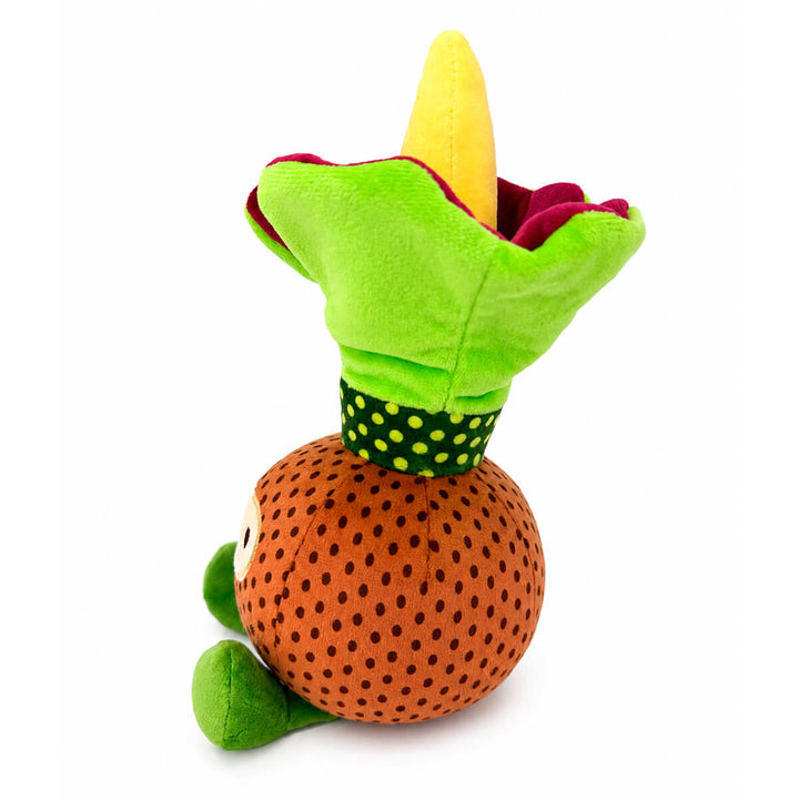 A plush toy shaped like a corpse flower corm with bloom, with an brown dotted body, green stem, a yellow cone-shaped top, and a dark green band with yellow dots, photographed on a white background.