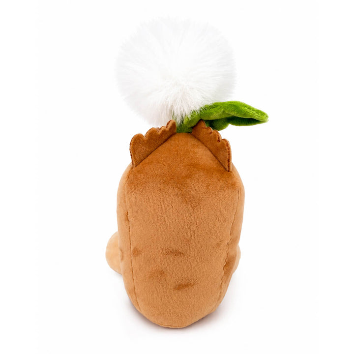 A brown plush toy shaped like a dandelion seed with a white pom-pom dandelion head on top, photographed from the back on a clean white background.