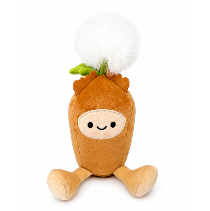 A plush toy shaped like a smiling dandelion seed with a white pom-pom dandelion head on top, photographed on a clean white background.