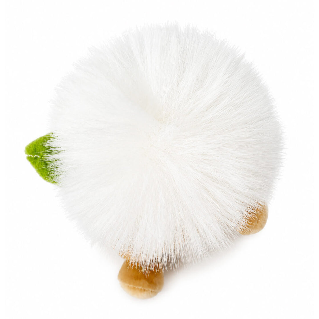 A top-down view of a plush toy with a white pom-pom dandelion head on top, photographed on a clean white background.
