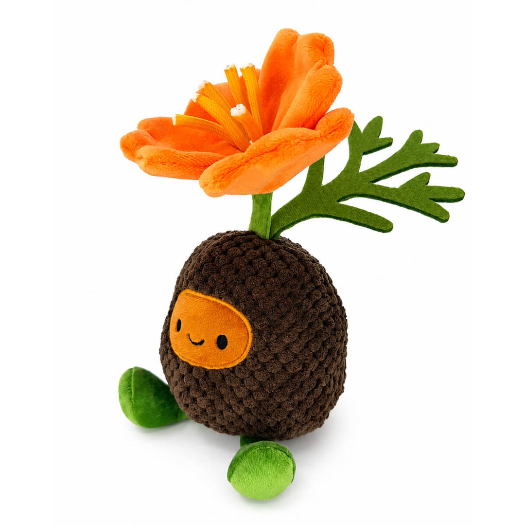 A plush toy shaped like a cute brown California poppy seed with a bright orange  poppy flower on top, green stem and leaves, and small green feet, photographed on a clean white background.