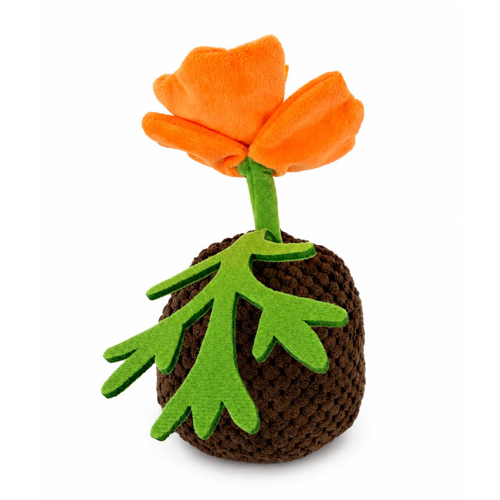 A plush toy shaped like a poppy seed with an orange poppy flower growing from the seed. The toy features bright orange flower petals, a green felt leaf, and a brown textured seed, shown on a plain white background.
