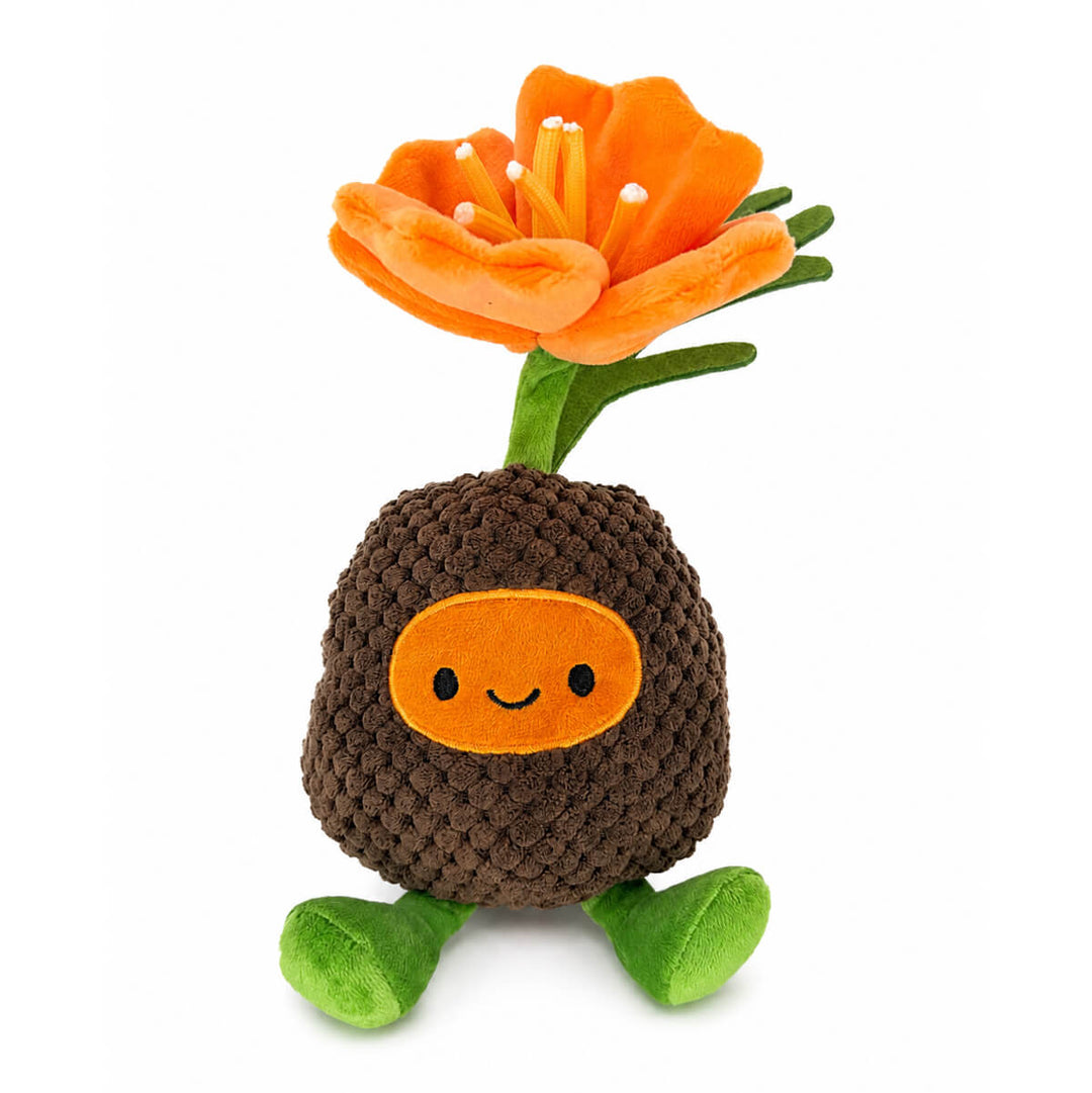 A cute plush toy shaped like a brown textured California poppy seed with a smiling brown face, green stem, and a large orange poppy flower on top, shown on a plain white background.