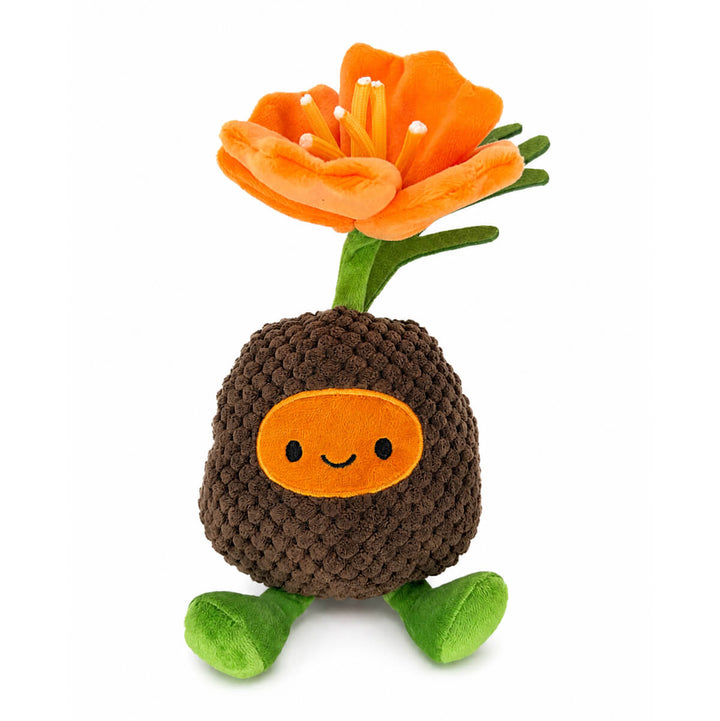 A cute plush toy shaped like a brown textured California poppy seed with a smiling brown face, green stem, and a large orange poppy flower on top, shown on a plain white background.