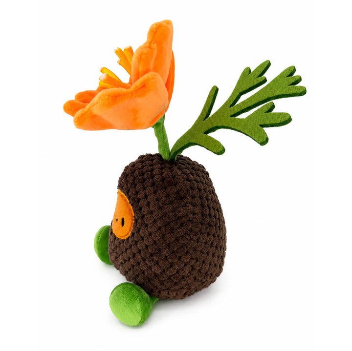 A plush toy shaped like a brown textured California poppy seed with a bright orange  poppy flower on top, green stem and leaves, and small green feet, photographed on a white background.