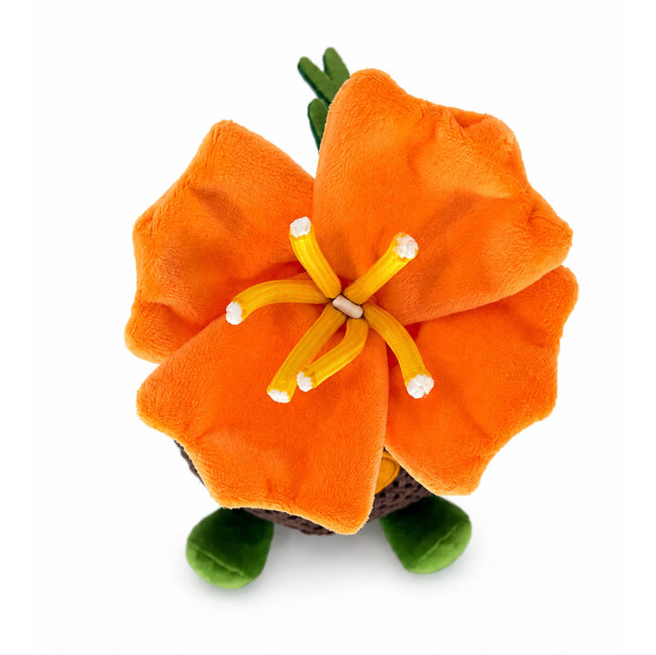 A top-down image of a plush toy shaped like a California poppy flower with large orange petals, yellow stamens, and green leaves and stem, photographed on a plain white background.