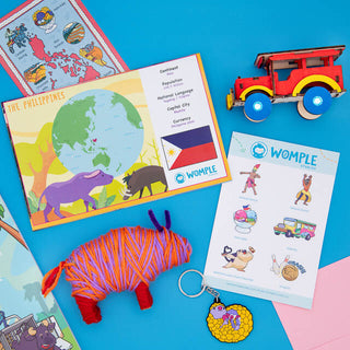 WompleBox geopgraphy subscription box for kids: Philippines box with jeepney craft and DIY yarn tamaraw